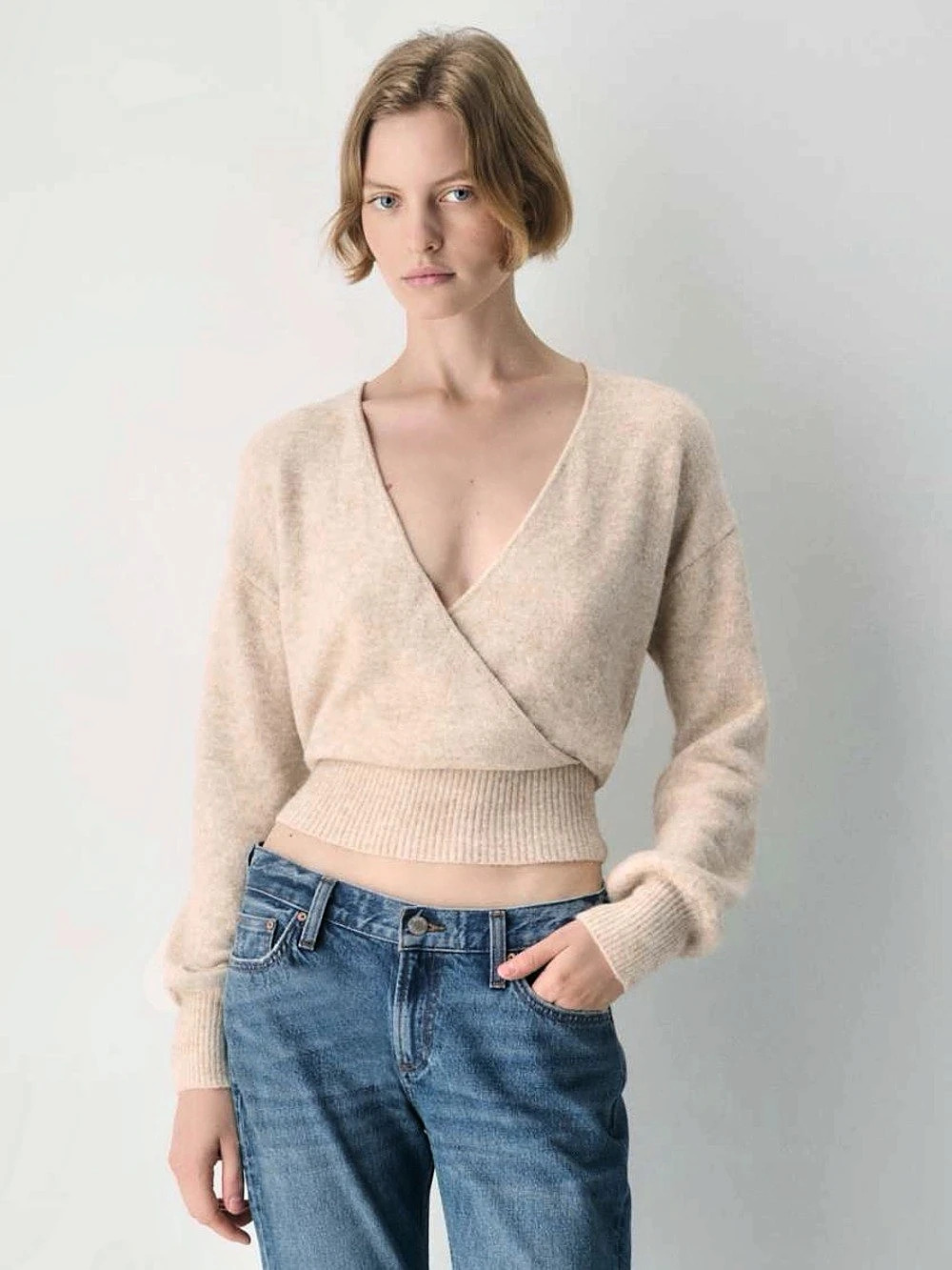 NWOT Wilfred SoftSpoke™ Dear Wrap Sweater in heather light oatmeal